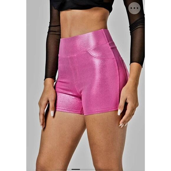 NWT SOFTLYZERO FAUX LEATHER HIGH WAISTED METALLIC FOIL PRINT STRETCHY CASUAL BIK - Picture 5 of 7